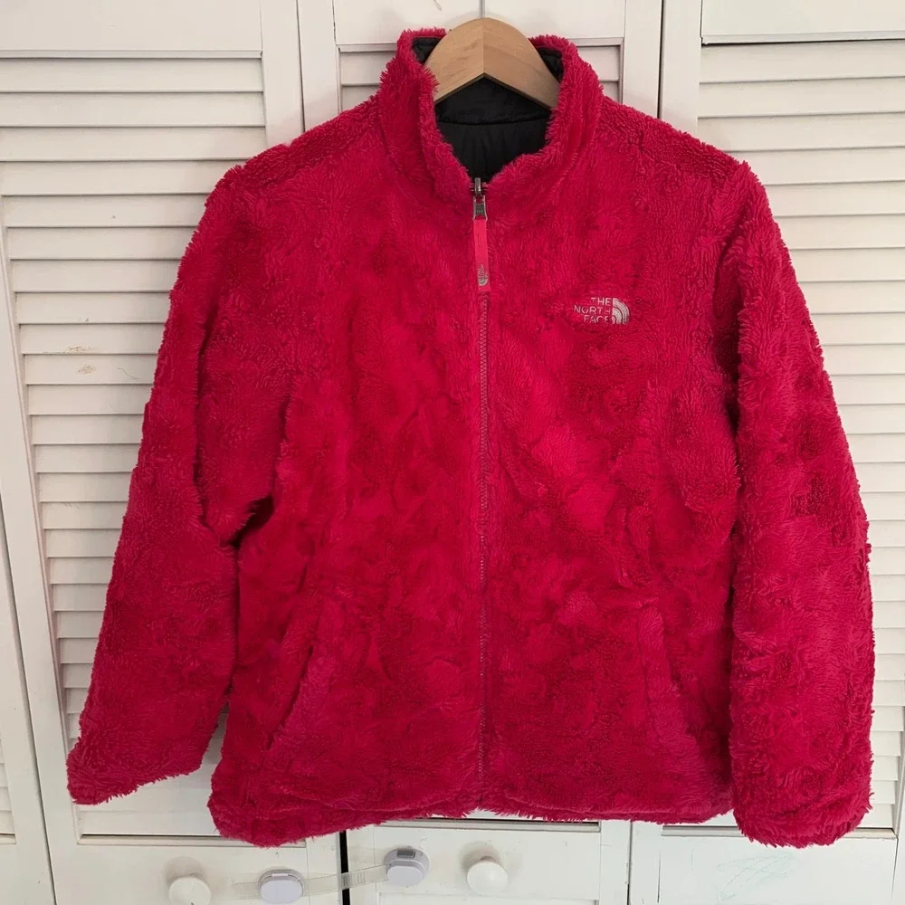 The North Face Girl‎ Youth XL 18 Reversible Mossbud Jacket Coat Grey Pink Fleece